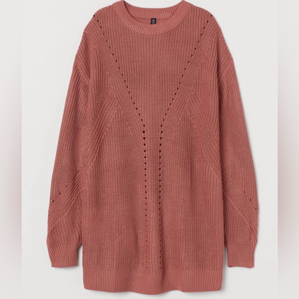 H&M Divided Pink Long Sleeve Sweater Tunic Medium Dusty Rose Knit Hole Patterned
